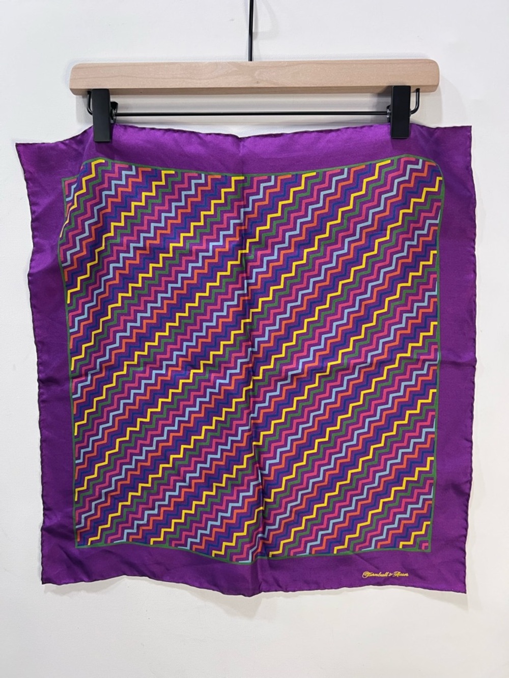 Turnbull & Asser Purple Silk Pocket Square with Multicolor Zigzag